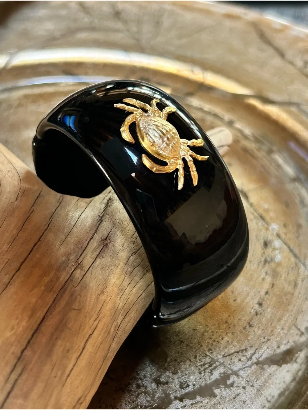 Rare Black Resin Bracelet with Gold Crab Accent Nautical Appeal - Cancer Zodiac